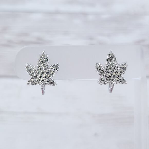 Vintage Screw Back Earrings Silver Tone Leaf with Marcasites - Picture 1 of 6